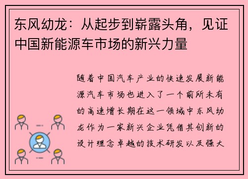 东风幼龙：从起步到崭露头角，见证中国新能源车市场的新兴力量